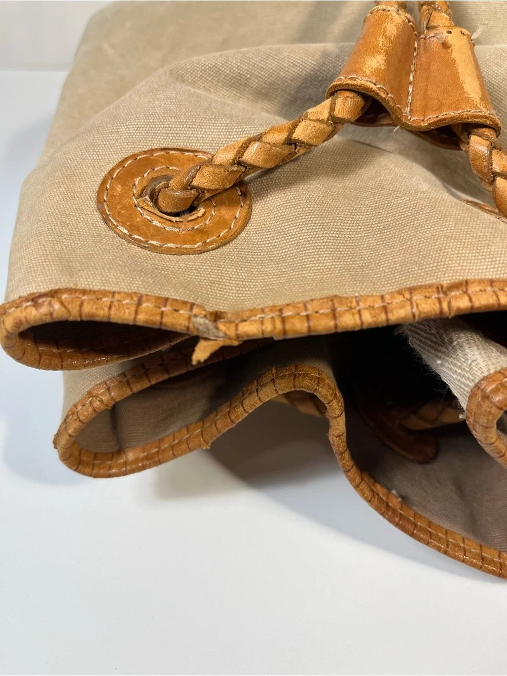 Vintage Fossil Canvas Bucket Backpack Purse Woven Leather Pattern - Picture 6 of 12